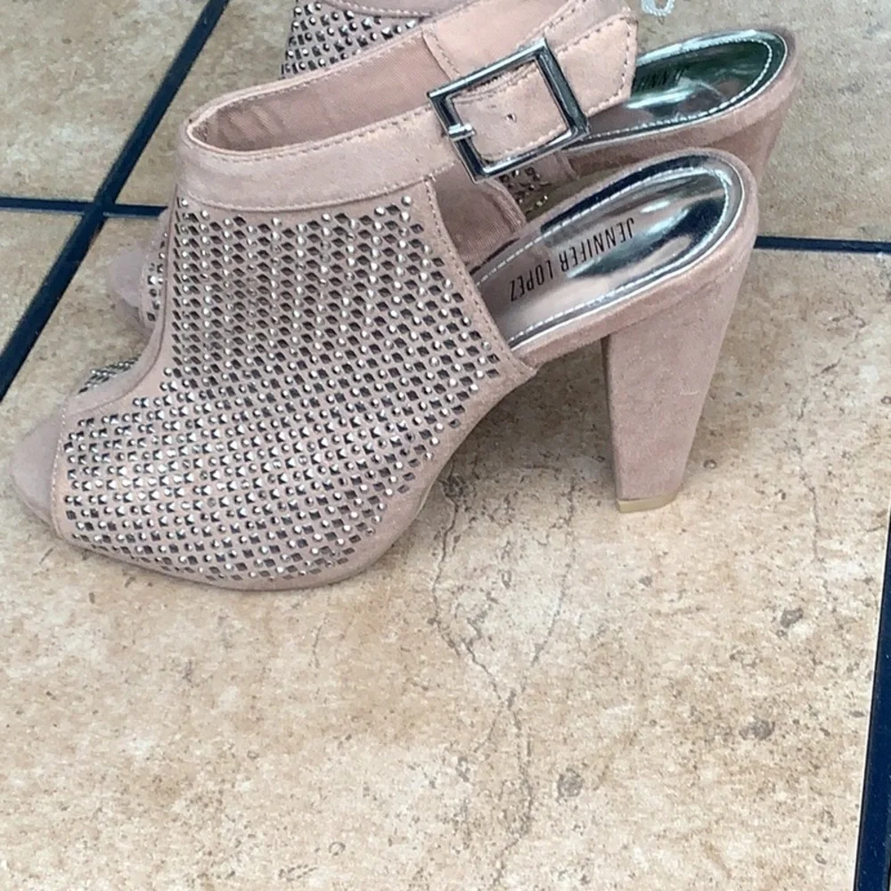 Jennifer Lopez Taupe Studded Peep-Toe Slingback Heels